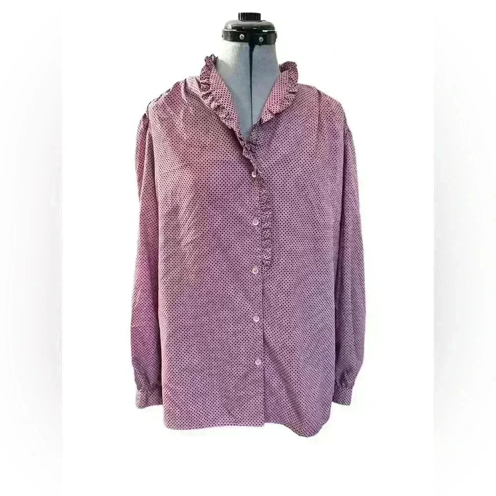 Vintage ALLYSON HOLLEY Top/Blouse Mauve BUTTON UP Silky RUFFLES XL - Picture 1 of 9